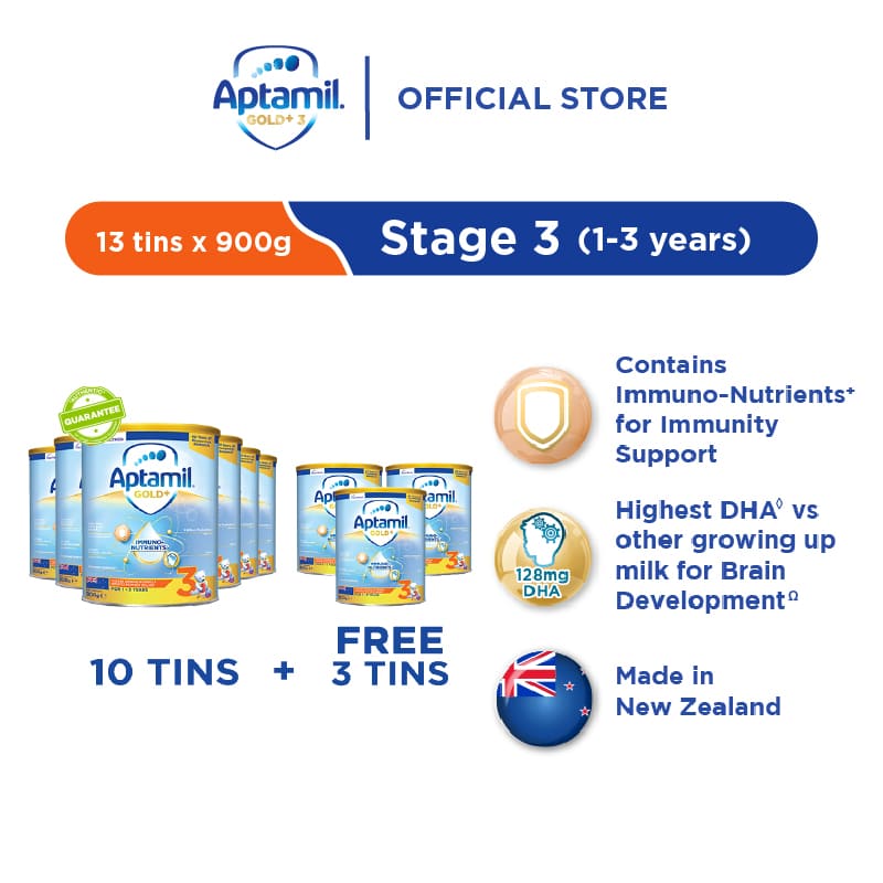 [Buy 10 Get 3 Free] Aptamil Gold+ Immuno-Nutrients Stage 3 Toddler Growing Up Formula Milk Powder 900g
